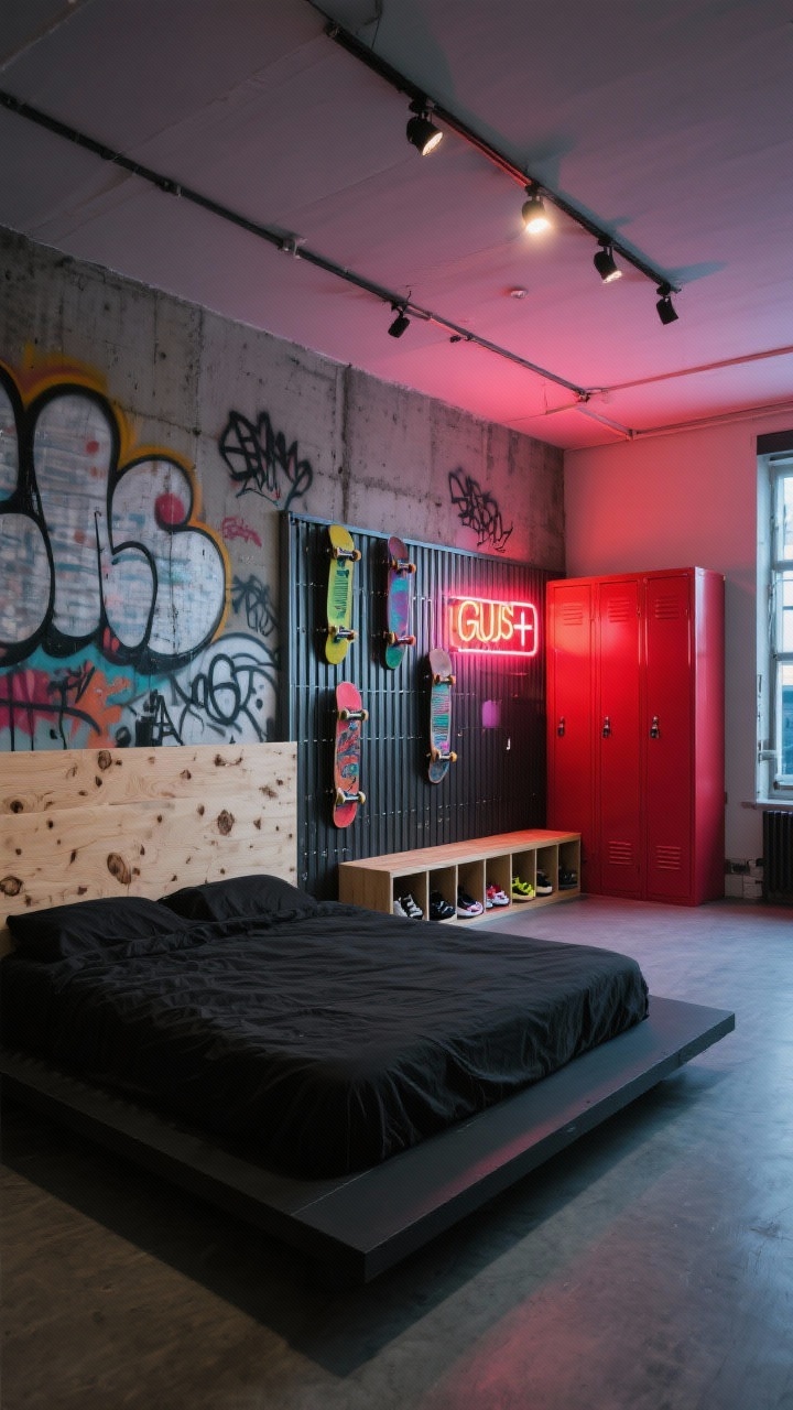 Wide shot of an urban skate loft bedroom with a concrete mural backdrop and graffiti-style wall art, minimal black platform bed with a plywood headboard showcasing knots and grain, metal slatwall with skateboards hooked, bench with cubbies for shoes, neon sign glow plus track lighting, bright-red locker; energetic evening lighting with neon accents, corner angle.
