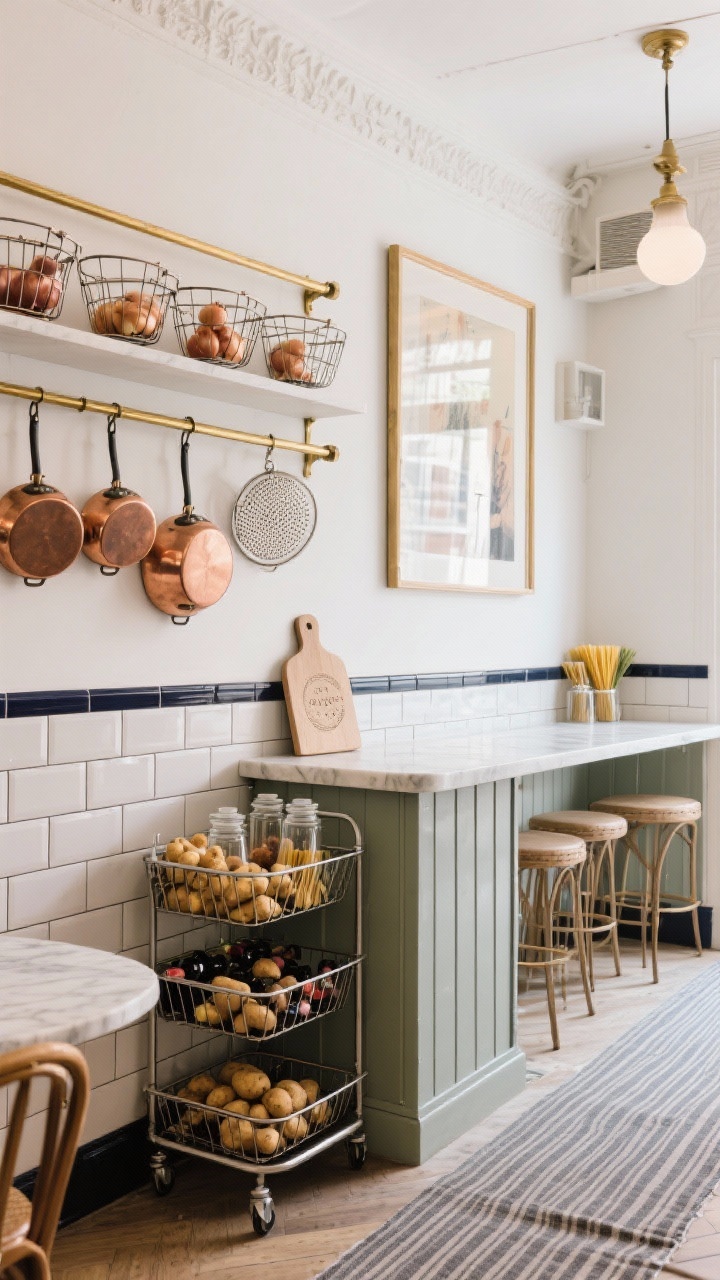 Wide shot, Parisian Bistro: white subway tile with dark grout, brass gallery rails wrapping open shelves; wall rail displaying copper pans and sieves as decor; stackable wire baskets for onions and potatoes; rolling wine rack tucked under a peninsula; slim ledge with glass jars of pasta like art; a small marble pastry board stored upright in a divider; café-striped runner on the floor; bright, charming light, photorealistic.