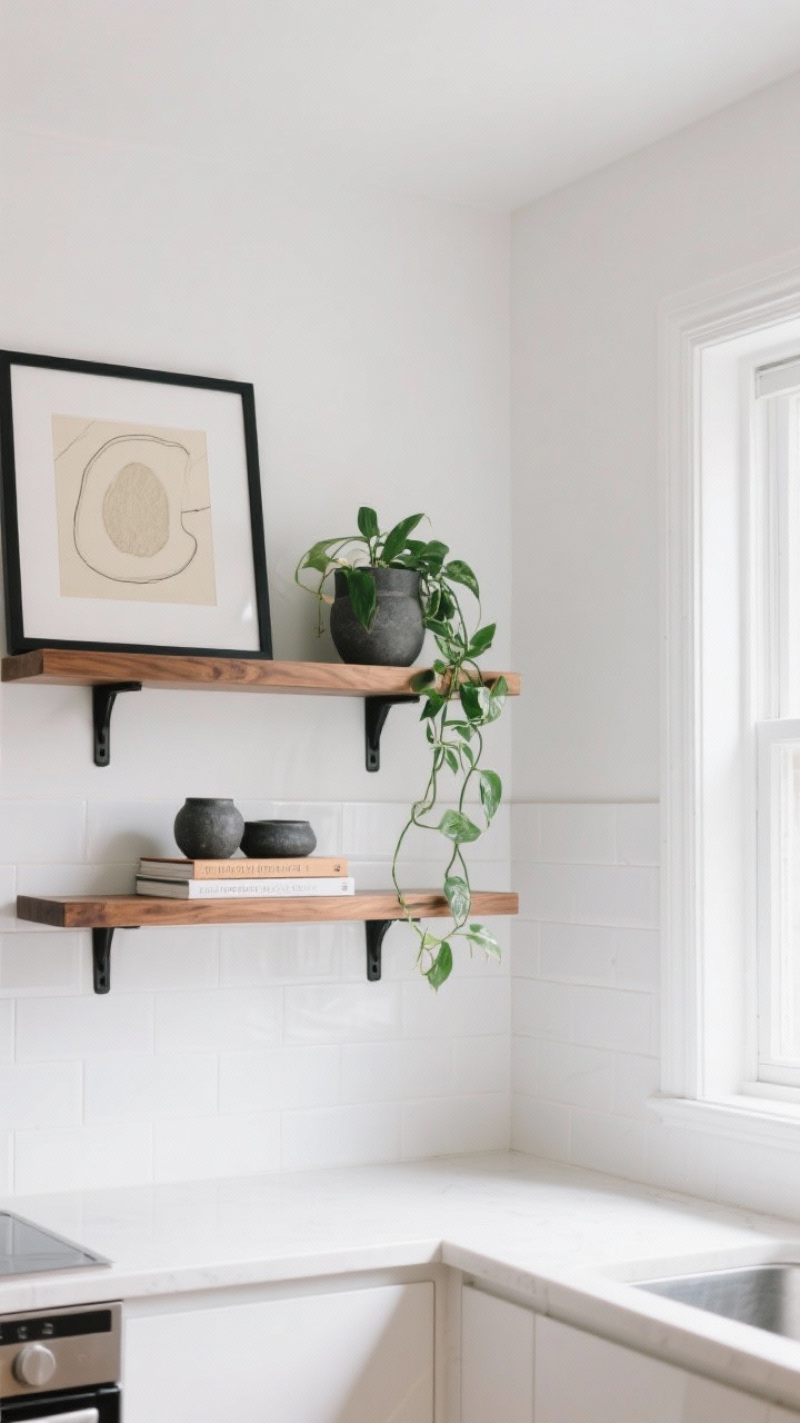 Wide shot, photorealistic: A clean white apartment kitchen with warm-white walls and a simple white slab backsplash. Two tiers of walnut floating shelves with minimal or hidden matte black brackets. Styled with black-framed art, cream and charcoal stoneware, a trailing pothos cascading off the upper shelf, and a couple of cookbooks stacked horizontally for balance. Soft natural daylight, modern warmth mood, no people.