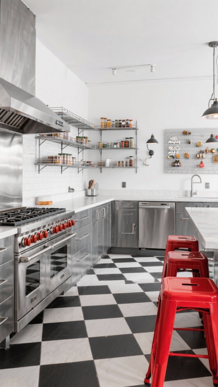 Wide shot, pro-kitchen energy: Stainless base cabinets, open wire shelving, and a commercial-style range with chunky knobs; walls white with a stainless sheet backsplash for easy cleanup; black-and-white checkerboard porcelain floor adding punch; red bar stools, a magnetic spice wall, and industrial task sconces; crisp, practical, playful vibe, photorealistic.
