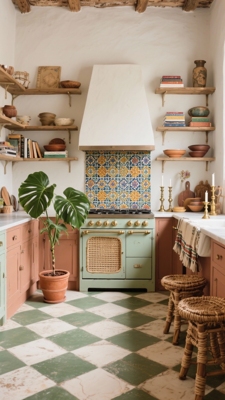 Wide shot: Rustic boho eclectic kitchen with open shelving and mismatched vintage lower cabinets painted in muted clay and sand. An olive-and-cream checkerboard floor leads to a range backed by colorful Moroccan tiles. Cane-front pantry doors, textile-wrapped stools, woven baskets, brass candlesticks, stacked cookbooks, and a fiddle-leaf fig in a terracotta pot. Photorealistic, soft natural daylight, straight-on.