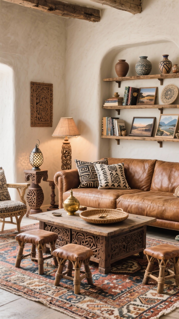 Wide shot, Rustic Eclectic living room: neutral walls, mid-tone leather sofa on a vintage Turkish rug; carved Indian coffee table centered; kilim-upholstered stools and campaign-style bookshelf with travel photography and hand-thrown ceramics; block-printed pillows, rattan tray, brass accents; carved wood lamp and pierced metal lanterns providing layered light; curated global finds without clutter; lively yet balanced, photorealistic.