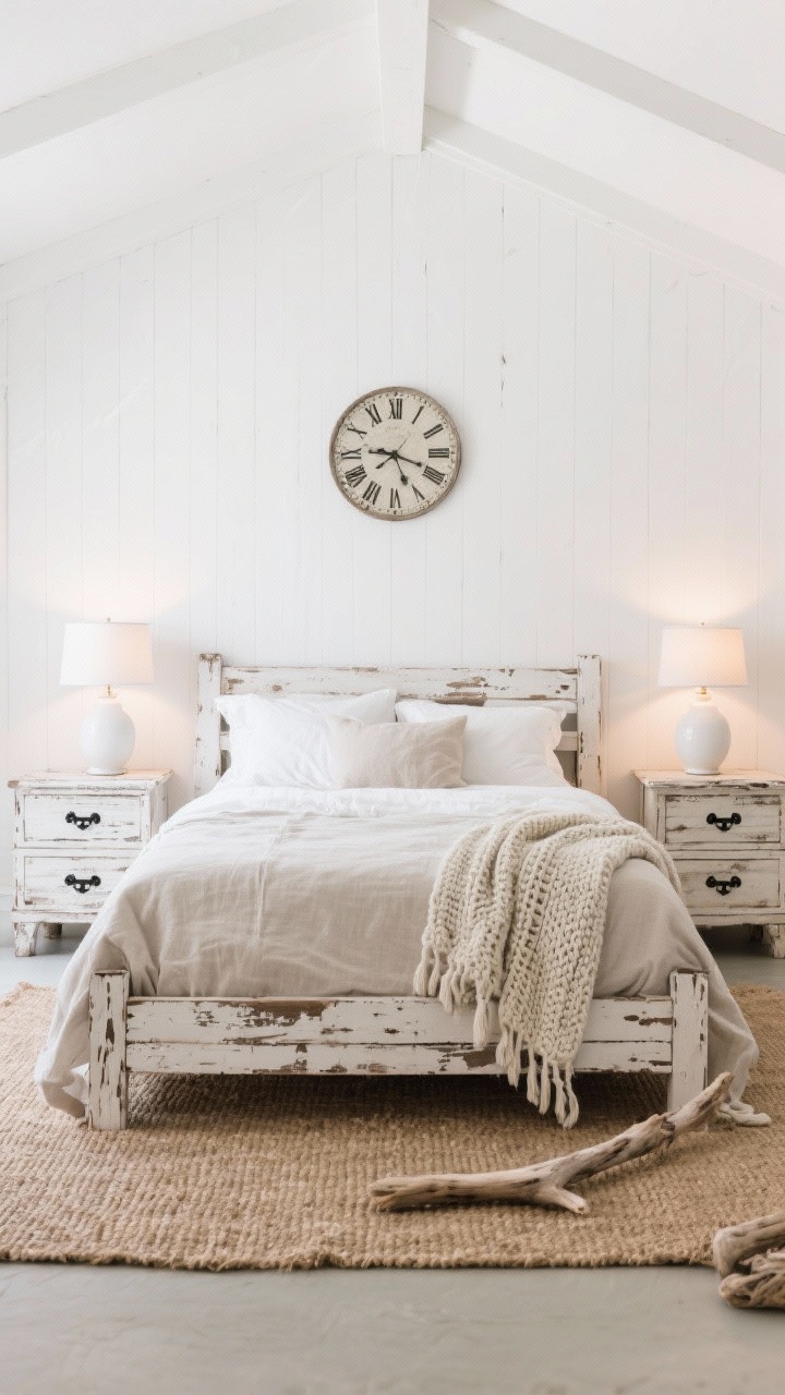 Wide shot, rustic white farmhouse guest bedroom: crisp white walls, weathered reclaimed wood bed with visible nicks and patina, neutral linen bedding layered with a chunky knit throw, distressed nightstands with black iron pulls, large jute rug, pair of white ceramic lamps casting warm evening glow, airy styling; palette of chalk white, oat, driftwood; include a large vintage-style wall clock above the bed; photorealistic, straight-on view.