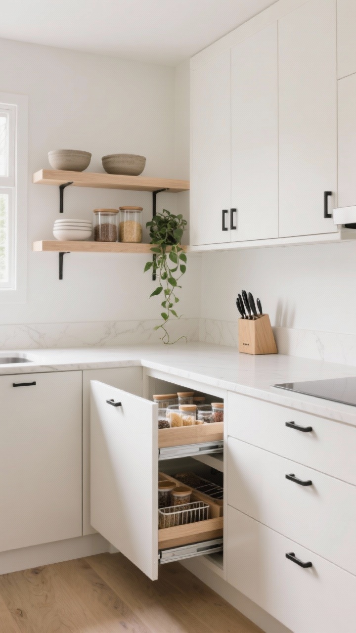 Wide shot, Scandinavian Calm kitchen: warm white cabinets with matte black hardware, pale oak open shelves holding stoneware bowls, clear canisters, and a single trailing plant; full-height pantry pull-outs slightly open showing organized dry goods; slim utensil drawer organizers visible in a soft-close drawer with knife block and spice tray; hidden trash pull-out partially extended; clean counters, soft natural daylight, minimalist styling, photorealistic.