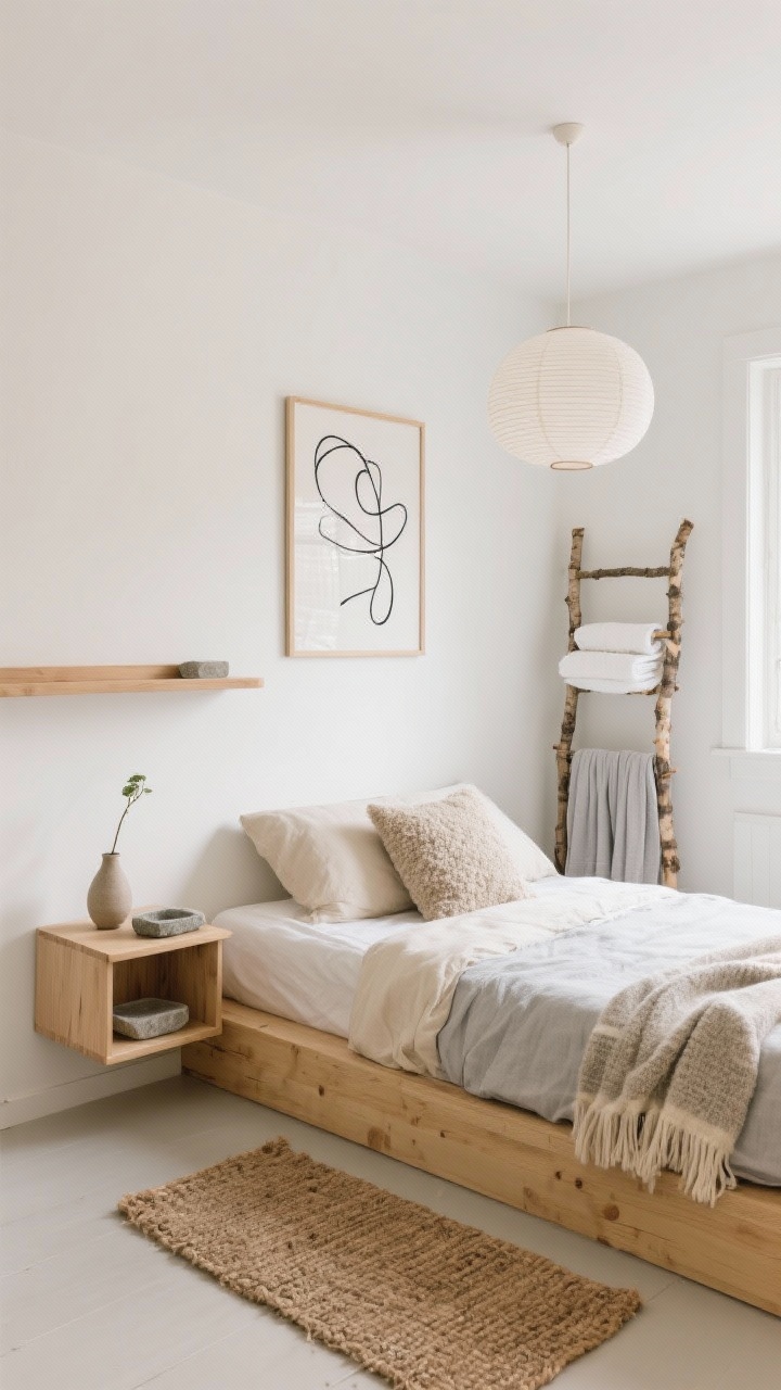 Wide shot, Serene Scandi Retreat: a compact guest bedroom with warm white walls, a low blonde wood platform bed dressed in oat, cream, and light gray linen bedding. A slim oak wall-mounted shelf acts as a nightstand with a small stone tray and ceramic vase holding a single stem. Textural layers include a wool throw, a bouclé pillow, and a woven jute rug. A birch ladder rack holds folded towels and a robe. One abstract black line art piece hangs above the bed. Soft, diffused lighting from a paper lantern pendant; calm, airy Scandinavian vibe; no people.