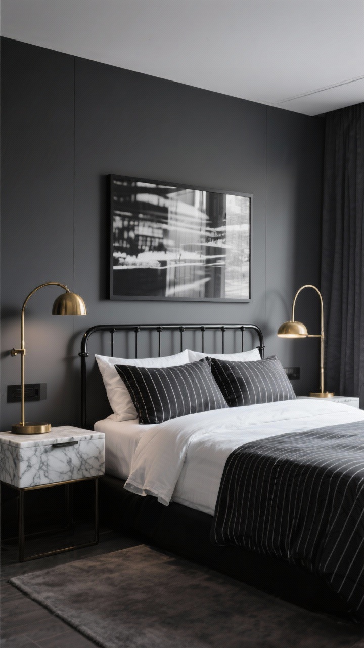 Wide shot, Sleek Monochrome With Metallic Edge: A crisp modern bedroom in charcoal, matte black, and white; streamlined black metal bed frame; marble-topped nightstands; monochrome bedding with tailored pinstripe; a large black-and-white photograph above the bed; brushed brass arc floor lamp adding a warm metallic pop; evening light with soft shadows; straight-on hotel-chic vibe.