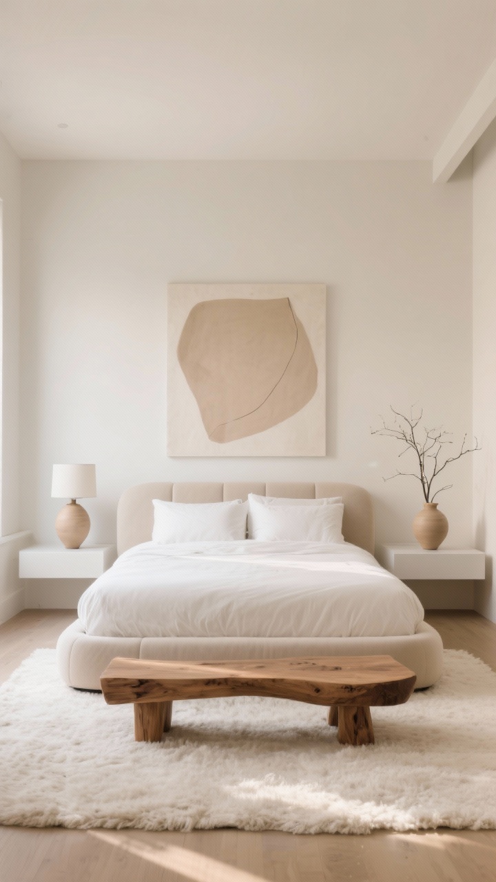 Wide shot, Soft Neutrals & Sculptural Minimalism: A serene, photorealistic bedroom in warm whites, mushroom beige, and oat tones, with a low-profile upholstered bed featuring rounded corners and crisp hotel-white sheets; floating nightstands hold two sculptural ceramic lamps; a chunky oak bench sits at the foot; a high-pile ivory rug grounds the room; minimal decor includes one oversized abstract art piece and a single vase with branches; soft daylight, clean straight-on view, gallery-like calm.