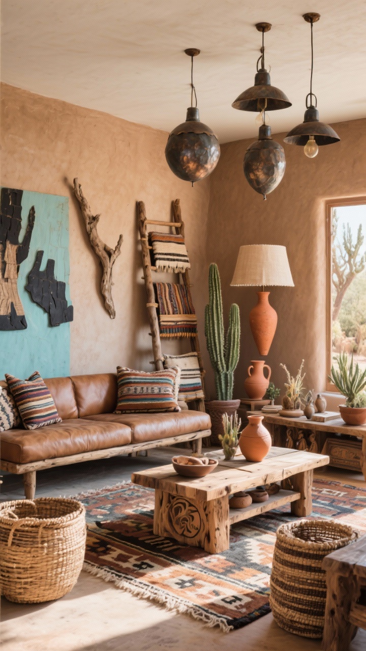 Wide shot, Southwestern Rustic: clay and sand-toned walls with touches of turquoise and charcoal; low-profile leather sofa with woven serape pillows; vintage Navajo-style rug as centerpiece; rustic pine console and carved wood coffee table, blanket ladder with cactus silk pillows nearby; woven baskets and rough pottery; hammered metal pendants and a terracotta lamp with a linen shade; desert botanicals, clay vessels, and driftwood art; sun-baked afternoon light, photorealistic.