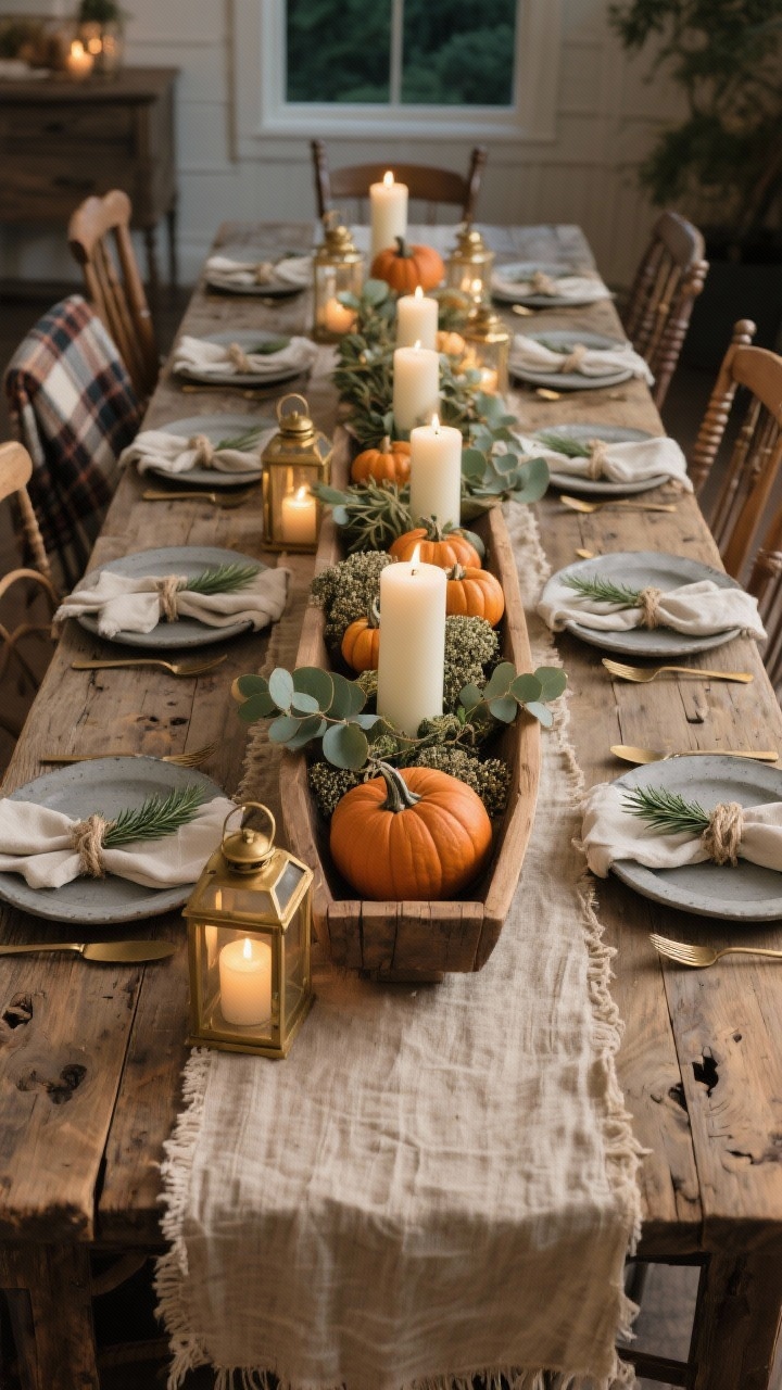 Wide shot, straight-on: A long weathered oak farmhouse table with raw edges and visible knots, styled with a textured oat-colored linen runner. Centered is a low wooden trough filled with mini pumpkins, seeded eucalyptus, and creamy ivory pillar candles. Place settings feature soft gray stoneware plates, matte brass flatware, and frayed linen napkins tied with twine and a sprig of rosemary. Hurricane lanterns with beeswax candles glow warmly, mismatched spindle-back chairs with plaid throws surround the table. Color palette: oatmeal, sage, cream, brass. Photorealistic, evening candlelight ambience.