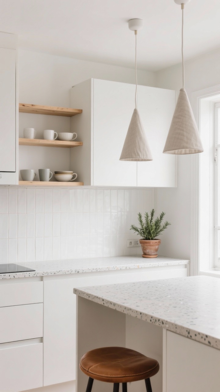 Wide shot, straight-on: A serene Nordic-inspired apartment kitchen with matte white, handleless flat-front cabinetry, birch wood open shelves and a slim wraparound ledge holding mugs and bowls. Pale terrazzo countertops, tight stacked white tile backsplash with ultra-thin grout lines. Cone-shaped linen pendants and a caramel leather counter stool. Soft warm creams and cloud gray palette, natural daylight, a single potted rosemary plant by the window. Photorealistic, calm Scandinavian mood.