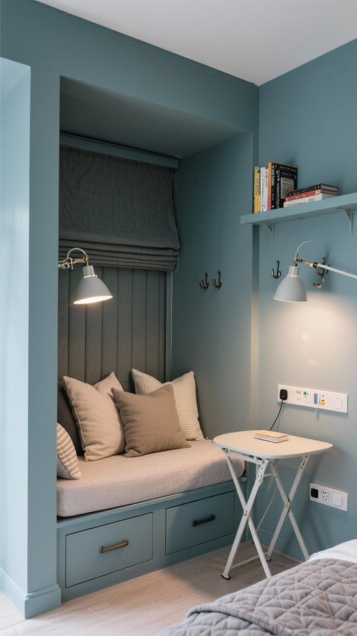 Wide shot straight-on of a compact nook with a built-in daybed alcove: wall-to-wall cushions, storage drawers beneath, entire niche painted one cohesive color. Swing-arm reading lights on both sides, slim shelf with books overhead, small foldable bistro side table. Layered pillows to suggest sofa-by-day/bed-by-night, quilted coverlet, blackout Roman shade partially lowered. Wall-mounted hooks and a charging ledge with a multi-plug and USB-C visible. Cozy, intimate lighting.
