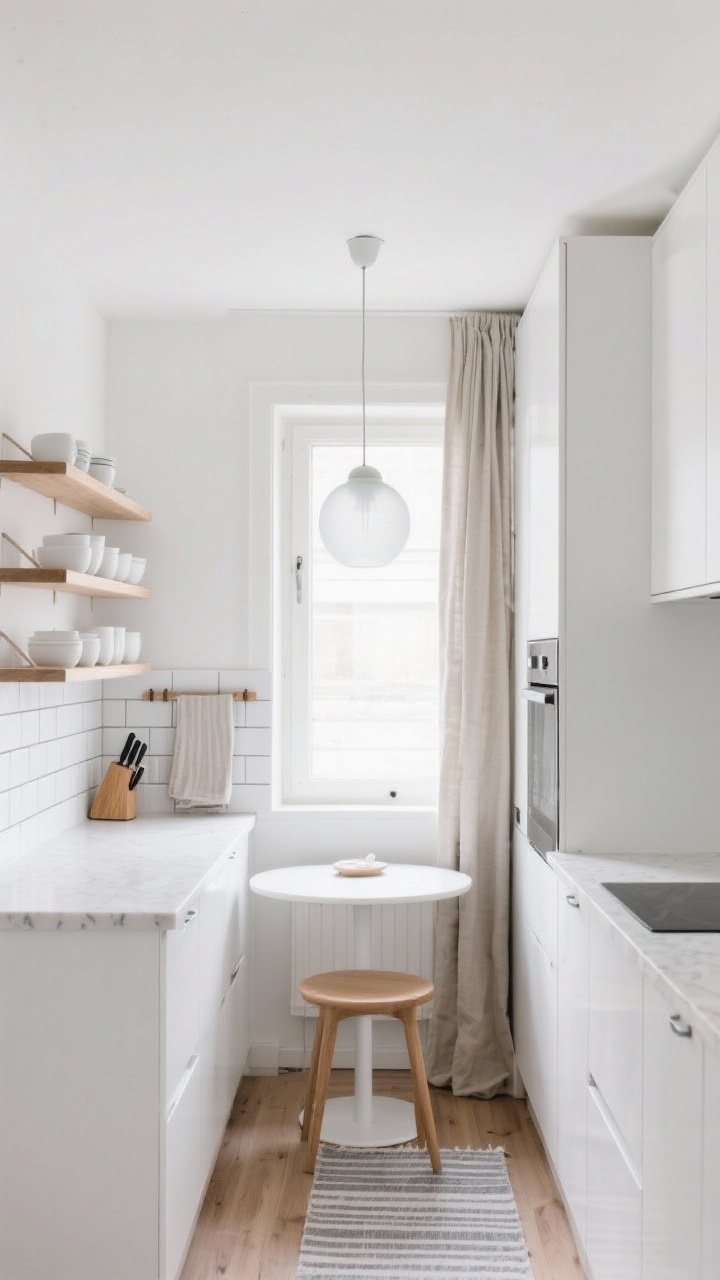 Wide shot, straight-on view: A Scandinavian small apartment kitchen with matte white, handleless cabinets, white quartz countertop, and a white subway tile backsplash with thin gray grout. Light oak accents include open shelves with neatly arranged white ceramics, a wood knife block, and a tiny peg rail with linen towels. A frosted glass globe pendant hangs over a compact bistro table. Add linen café curtains at a small window and a narrow Scandi-style runner. Palette: white, light oak, soft gray. Bright, soft daylight, photorealistic.