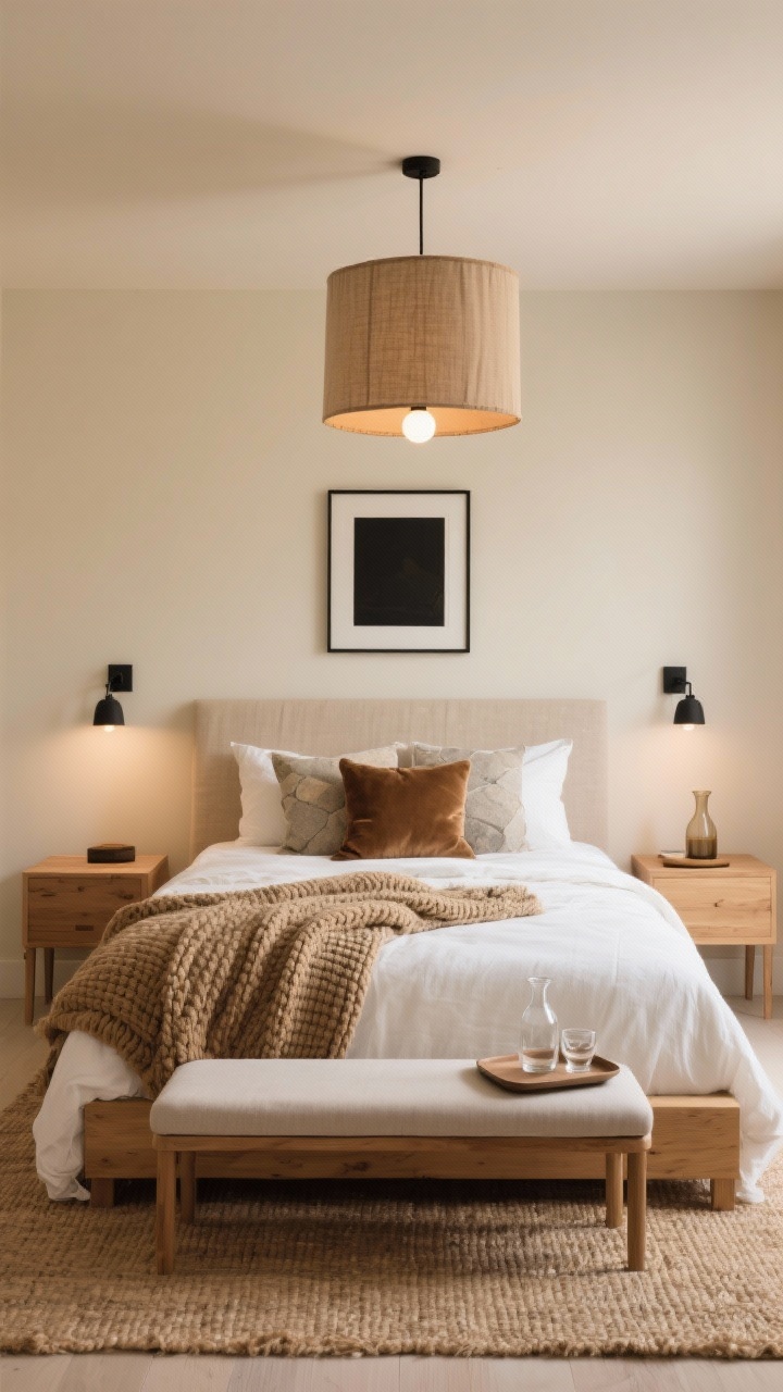 Wide shot, straight-on view of a cozy bedroom in warm neutrals: creamy walls, light oak platform bed with a neutral linen headboard, crisp white sheets layered with a beige linen duvet, chunky knit camel throw, and stone-toned velvet accent pillows. Add slim wooden nightstands with dimmable matte black wall sconces, a fabric drum pendant overhead with warm-white bulbs, a jute rug underfoot, a minimal black-framed art piece, and a low-profile bench at the foot. Include a small tray with a carafe and two glasses on one nightstand. Photorealistic, soft warm lighting.