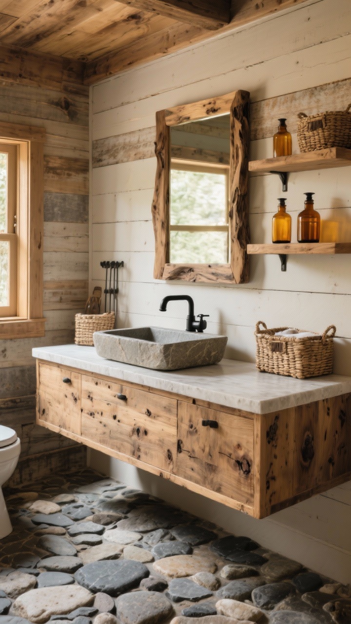 Wide shot, straight-on view of a rustic bathroom featuring weathered cedar shiplap walls, a tumbled river-stone floor, and a floating reclaimed-oak vanity with visible knots and grain; rectangular stone vessel sink with a matte-black gooseneck faucet; live-edge wood mirror frame above the sink; open shelves styled with amber glass apothecary bottles and woven basket hampers; warm palette of honey, mushroom, and soft charcoal; soft natural daylight for a cozy, grounded mood; photorealistic.