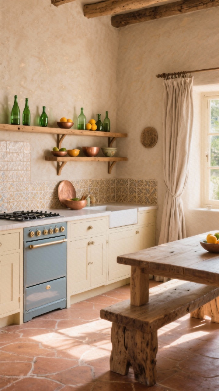 Wide shot: Sun-baked Mediterranean rustic kitchen with terracotta floors and hand-troweled cappuccino plaster walls. Open pine shelving with waxed finish displays olive-green glass bottles, citrus bowls, and copper. Creamy almond cabinetry, sandy zellige tile backsplash, a blue-gray range, linen café curtains, and a weathered oak dining bench. Photorealistic, bright natural sunlight, slight corner angle.