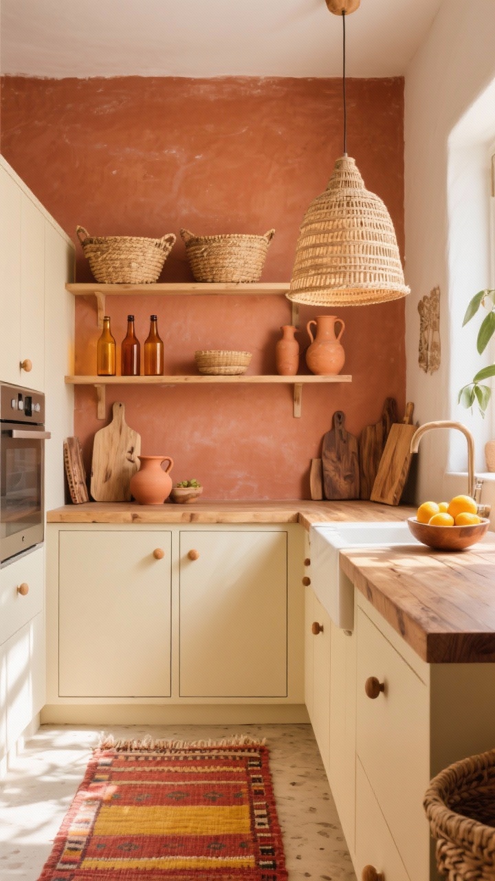 Wide shot, sunlit boho apartment kitchen in sun-washed terracotta walls with mellow cream cabinets and simple timber knobs, a rattan pendant casting warm shadows over a butcher-block countertop, open shelves styled with amber glass bottles, terracotta jugs, and olivewood boards, a faded red-and-saffron flat-weave kilim runner on the floor, woven baskets atop the cabinets, and a bowl of citrus for a lived-in Mediterranean vibe, no people, photorealistic.