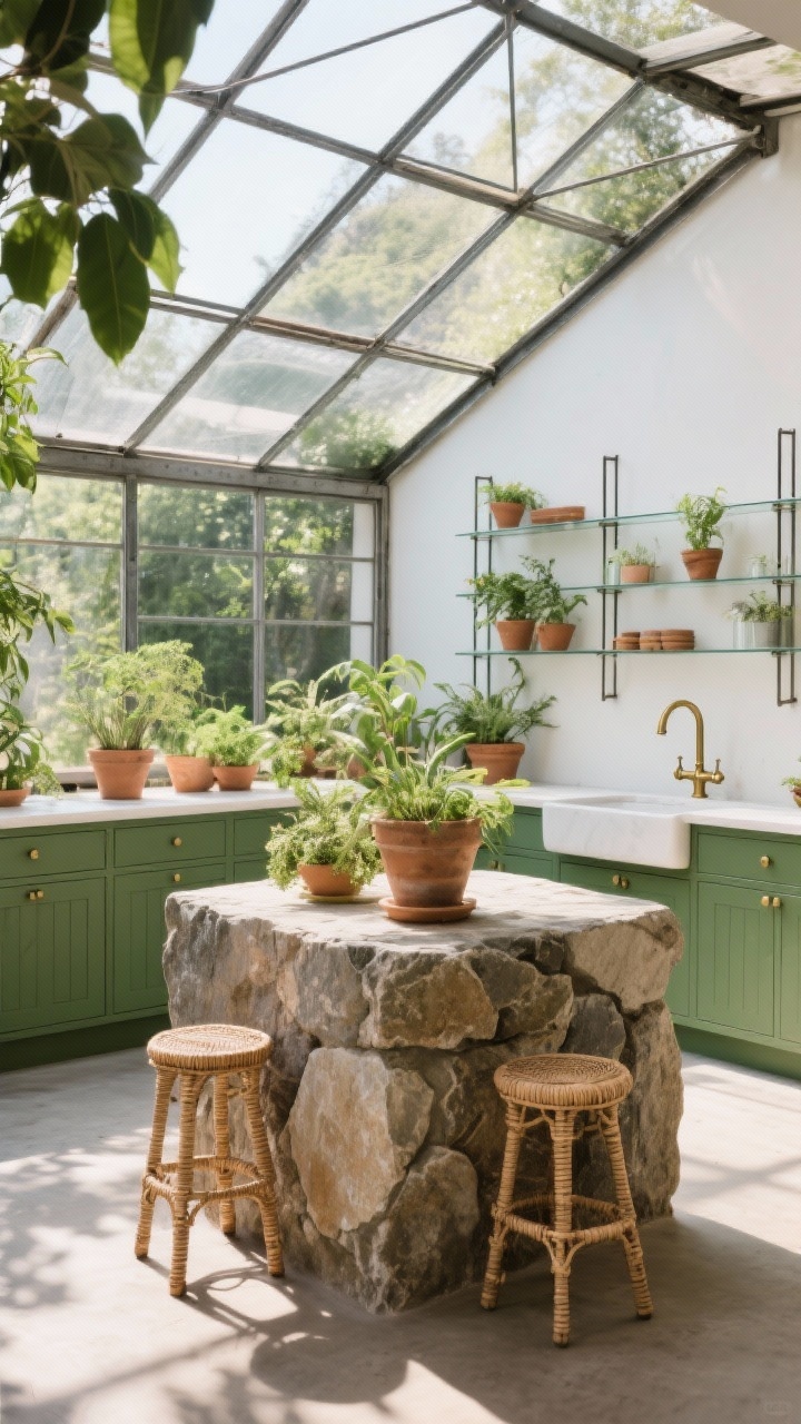 Wide shot, sunlit greenhouse feel: A steel-framed skylight flooding the kitchen with natural light over a chunky rough-edged stone island; matte eucalyptus green cabinetry along the perimeter; back wall lined with steel shelving uprights and glass shelves; terra-cotta planters brimming with greenery, rattan-wrapped stools, and aged brass taps; lush, airy, rugged ambiance, photorealistic.