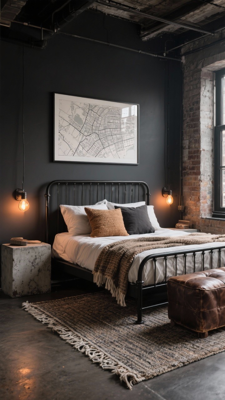 Wide shot, Urban Industrial, Softened: Black metal bed with crisp neutral bedding; concrete-look side tables; distressed leather ottoman at the foot; warm Edison-style sconces casting amber light; woven wool blanket and layered pillows in camel and charcoal soften the space; framed city map above; textured runner along the floor; moody loft energy from a corner angle.