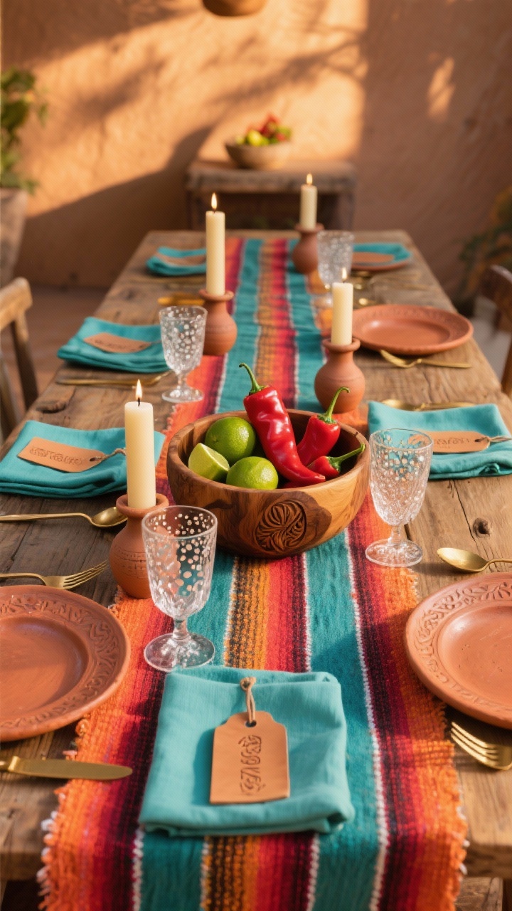 Wide shot with bold color: A Serape-inspired runner bursting with coral, turquoise, and saffron across a rustic table. A hand-carved wood bowl filled with limes and chili peppers anchors the center. Matte terracotta plates, hammered brass flatware, blown-glass goblets with bubbles, and turquoise napkins folded neatly. Stamped leather tags as place markers; taper candles in clay holders echo pottery. Palette: adobe, turquoise, chili red, brass. Sun-washed, warm evening light.