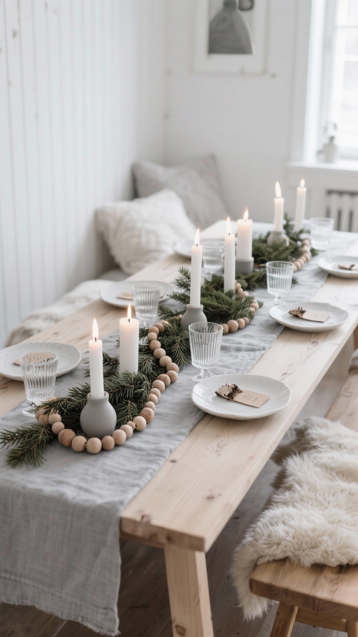 Wide shot with cozy ambiance: Pale ash table with a cloud gray linen runner. A low line of fresh spruce clippings, white pillar candles, and wooden bead garlands forms the centerpiece. White stoneware plates feature birch bark place cards; matte ceramic candleholders add to the Scandinavian hush. Benches draped with plush sheepskin throws; clear ribbed glassware at each setting. Palette: white, fog gray, pine, blonde wood. Cool natural daylight with gentle candlelight.