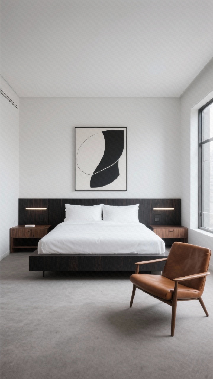Wide, sleek minimalist suite: low-profile bed in walnut or blackened wood, crisp white bedding, single oversized abstract artwork above headboard; built-in floating nightstands, hidden storage, linear sconces; monochrome palette with one accent—a cognac leather chair; uncluttered space, balanced proportions, diffuse natural light from a large window, straight-on symmetrical composition.