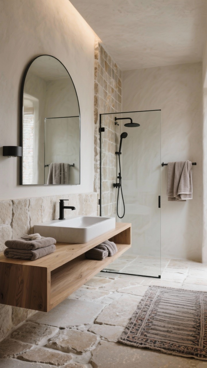 Wide spa-like bathroom: tumbled limestone floor tiles; floating oak vanity with a trough sink; matte black faucets and frameless glass shower enclosure; vertical stone tiles run to the ceiling for height; arched slim-profile steel-framed mirror; stonewashed towels in warm gray and a Turkish cotton bath mat; calm, monastic mood with soft, indirect light.