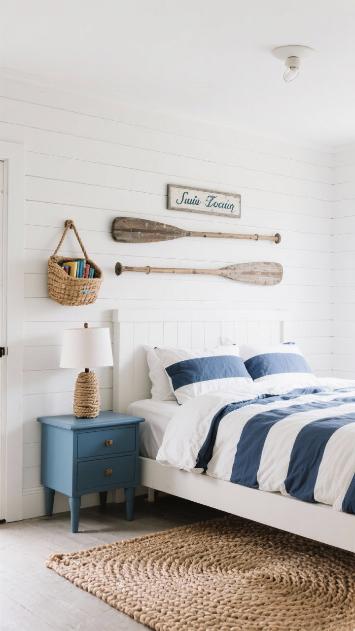 Wide, straight-on lakehouse bedroom: soft white horizontal shiplap on all walls, navy-and-cream striped duvet on a simple bed, pair of weathered oars mounted above the headboard, blue-painted nightstand with a rope-wrapped lamp, braided jute rug on the floor, fisherman’s basket hanging as a wall pocket for books; personalized boat name sign near the door; crisp coastal lighting.