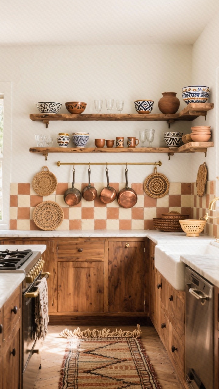 Wide, straight-on shot of a global market mix kitchen: oatmeal white walls, warm wood-tone base cabinets, chunky wood open shelves styled with patterned bowls, Moroccan glasses, and hand-thrown mugs, cream-and-clay checkerboard square tile backsplash, a brass pot rail displaying copper pans, woven trivets, and a tiny colander, vintage fringed runner on the floor, warm natural light, photorealistic.