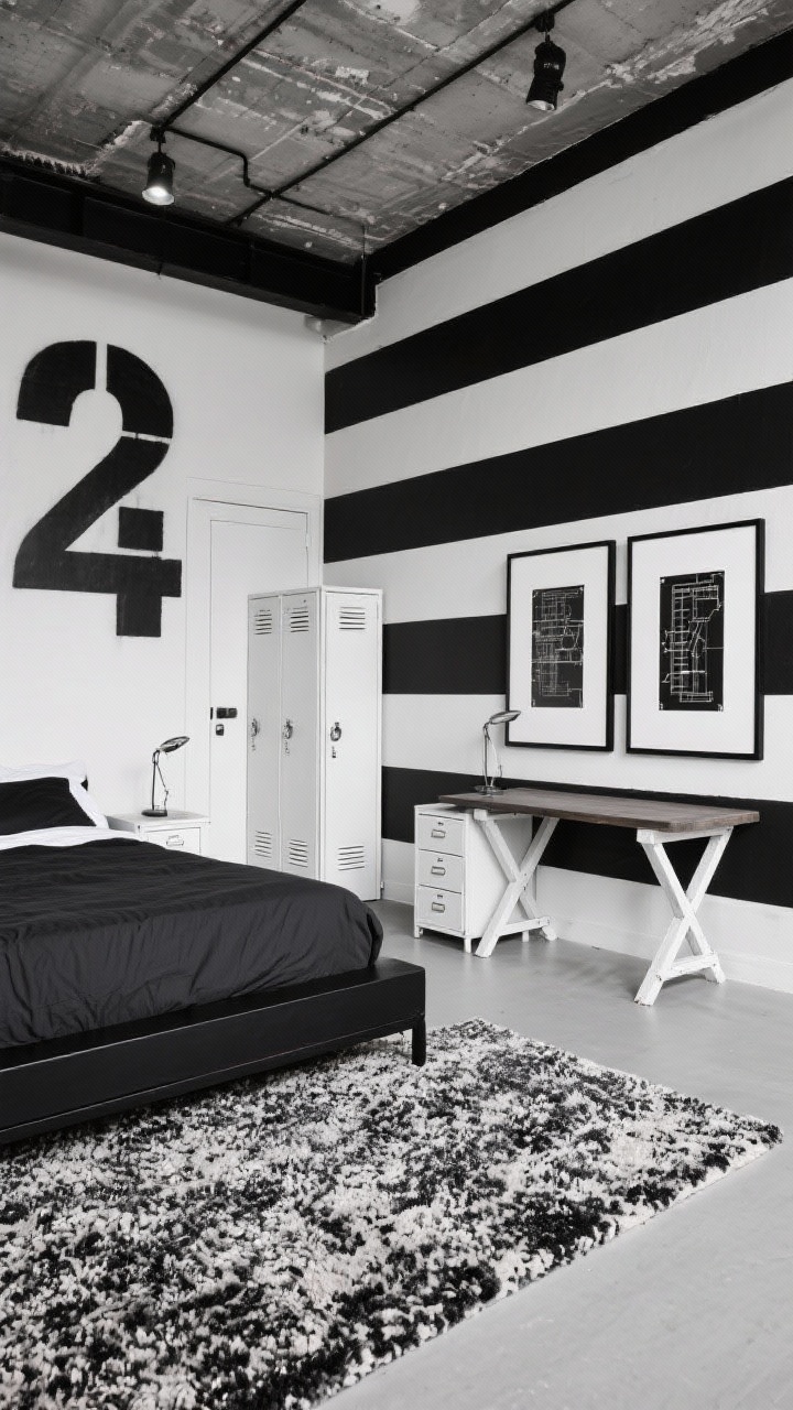Wide, straight-on shot of a monochrome industrial bedroom: walls in black, white, and soft gray with bold stripes behind the bed, oversized stenciled factory numbers on closet doors, black platform bed, white metal locker nightstands, utility trestle desk, salt-and-pepper wool rug, black-and-white blueprint prints in thin black frames; high-contrast daylight.
