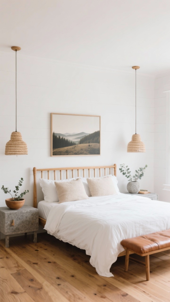 Wide straight-on view: Modern cottage minimal bedroom with soft white walls and wide-plank oak floors; simple natural-wood spindle bed with solid warm white duvet and textured cream pillows; woven pendant lights over stone bedside lamps; low-profile leather bench at the foot; a single oversized landscape print as focal art; ceramic bowl with eucalyptus stems on a nightstand; palette of warm white, caramel, stone gray; clean lines, cozy minimalism, diffuse daylight.
