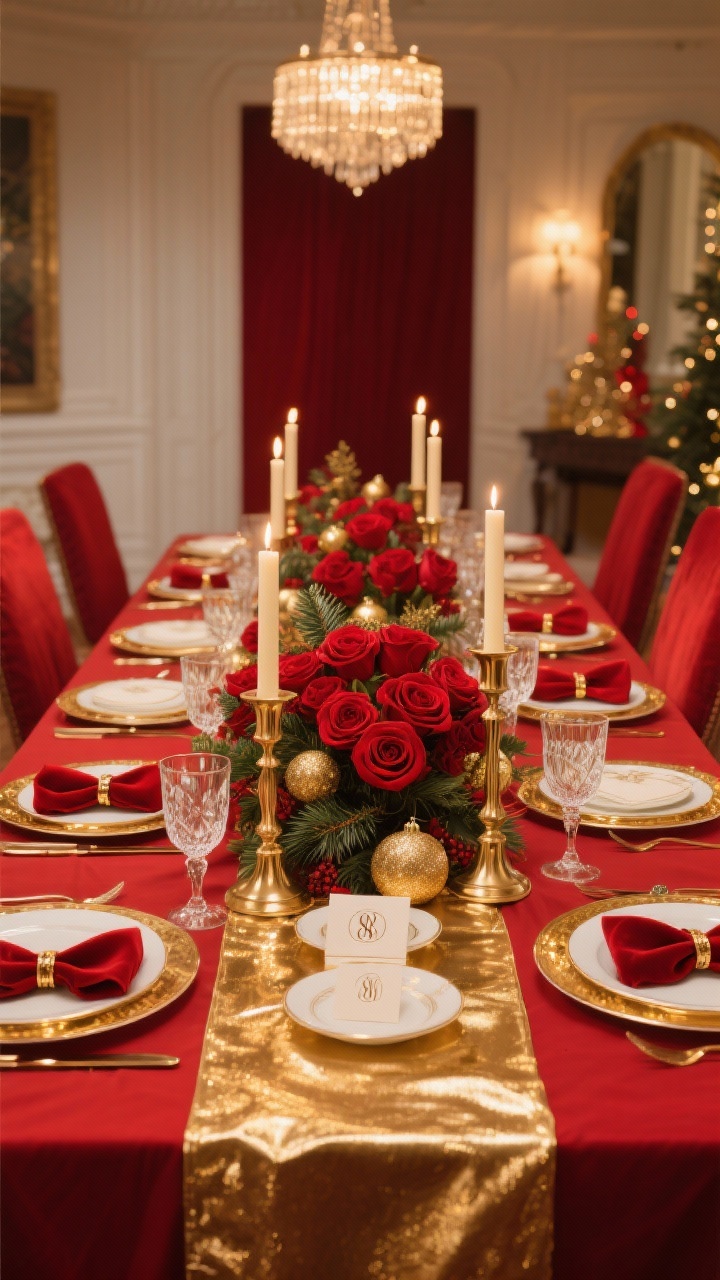 Wide, straight-on view of a glamorous red and gold dining room: deep red tablecloth with a metallic gold runner, gold-rimmed dinnerware that sparkles under warm overhead lighting; dramatic centerpiece of red roses, holly, and gilded ornaments; brass taper candleholders with glowing tapers; crystal glassware, ivory accents, monogrammed place cards, velvet bow napkin rings in crimson; palette of red, gold, ivory; holiday royalty mood, no people.