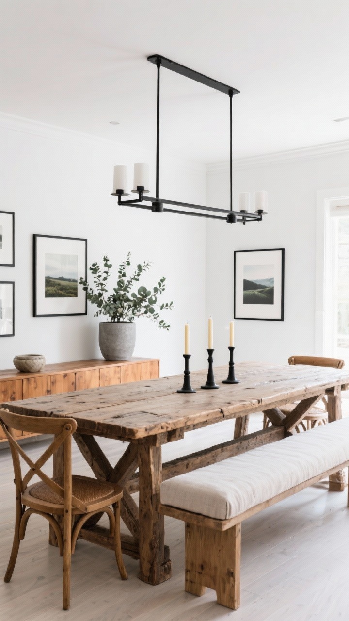 Wide, straight-on view of a modern rustic dining room: a massive reclaimed-wood trestle table beneath a linear black iron chandelier, simple oak wishbone chairs and a long linen-upholstered bench, crisp white walls with black-framed landscape prints, a narrow mango-wood sideboard with stoneware, and a concrete planter with eucalyptus; trio of tall taper candles in matte black holders centered on the table; bright daylight, clean composition.