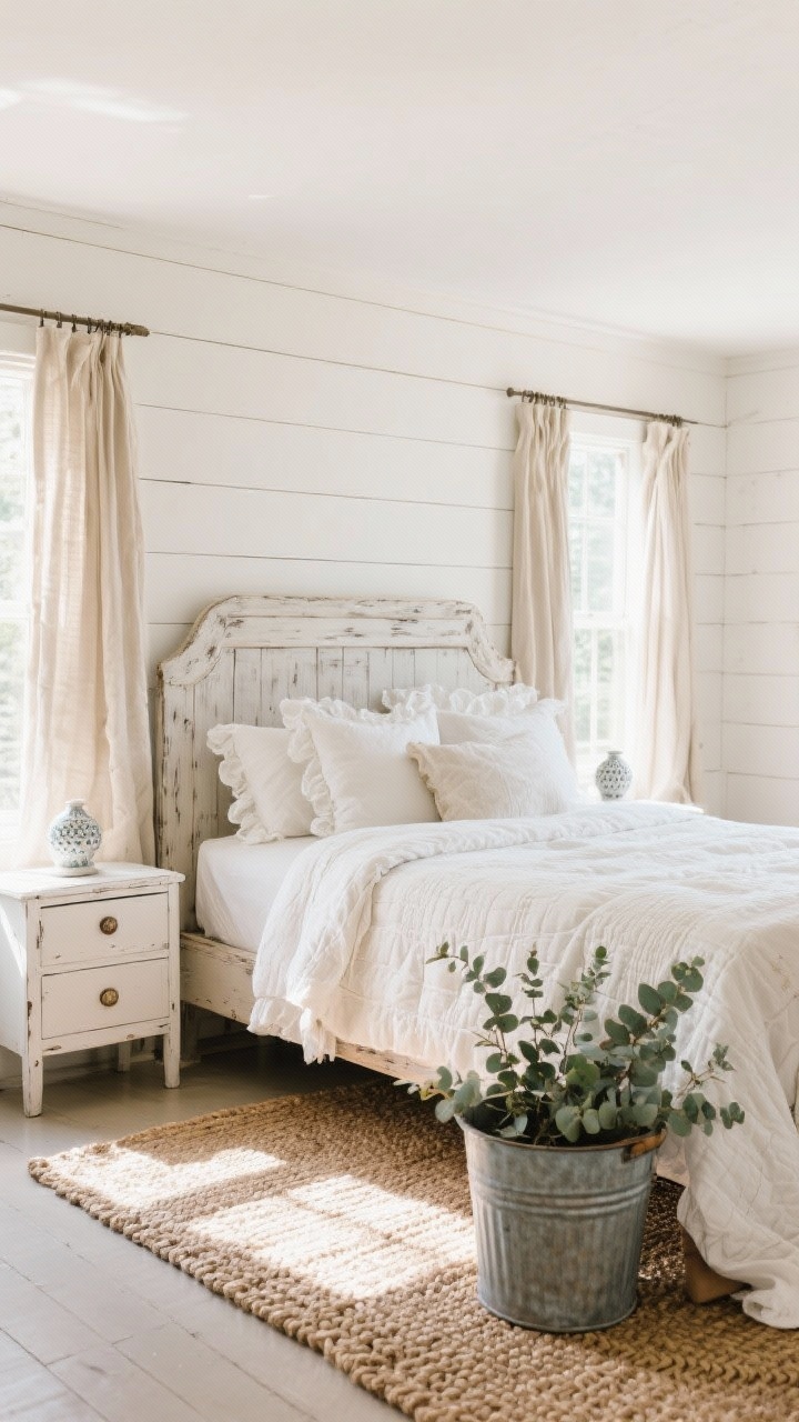 Wide, sunlit farmhouse bedroom with whitewashed shiplap walls and a distressed wood bed in a pale chalky finish; layers of ivory quilts, ruffled linen shams, and flax-toned curtains that lightly puddle; mismatched white-painted nightstands with ceramic knobs; braided jute rug underfoot; a galvanized bucket used as a planter with eucalyptus beside the bed; bright morning light for a breezy, soft mood.