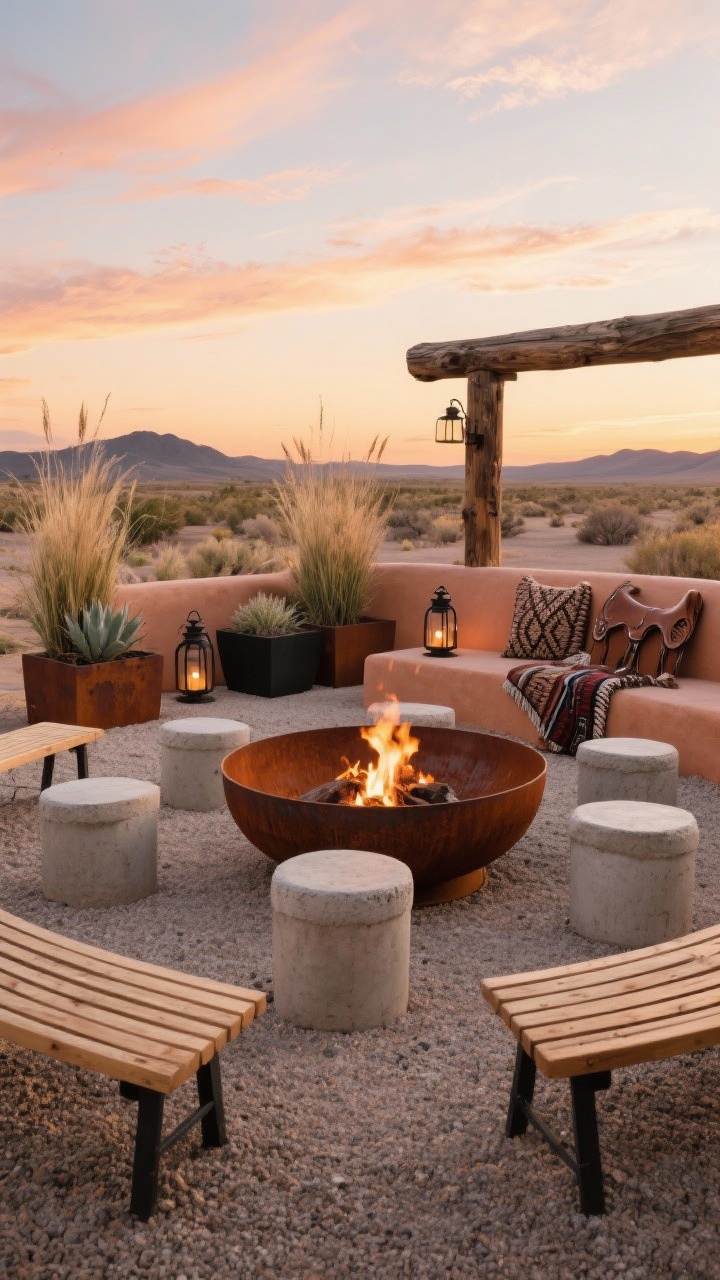 Wide sunset shot of a desert ranch fire bowl circle: compacted decomposed granite ground; rough concrete stools and slatted wood benches arranged around a wide, shallow rusted steel fire bowl; palette of terracotta, sandstone, and black; corten planters with tall grasses and agave; woven saddle blankets, iron lanterns, and a weathered timber beam as a backrest; pared-back high-desert aesthetic, low-angle.
