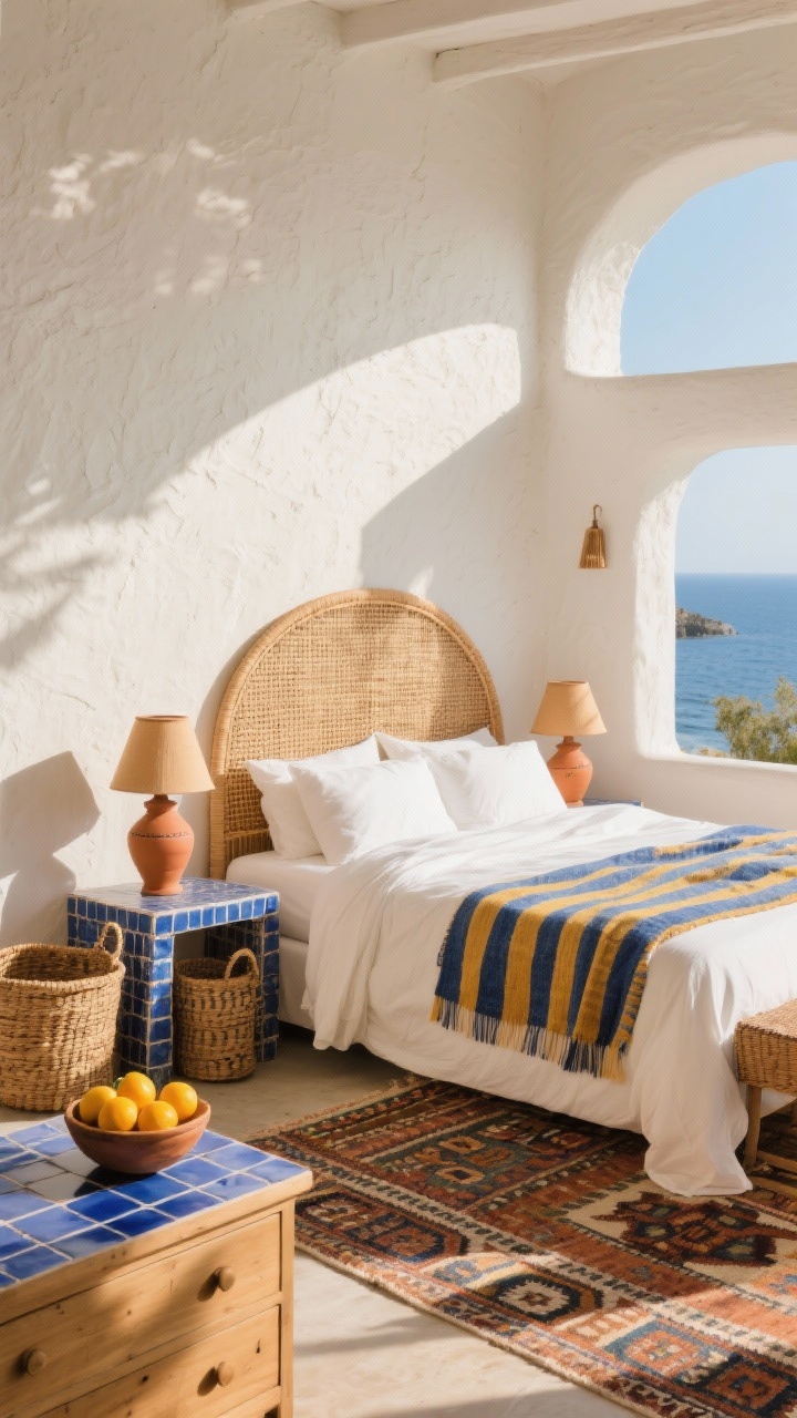 Wide sunwashed shot: A Mediterranean escape with cream stucco-textured walls, a curved rattan headboard, crisp linen bedding, and a hand-loomed striped throw in cobalt and saffron; ceramic terracotta lamps, a blue tile-topped side table, woven baskets, a patterned kilim rug, and a bowl of citrus on the dresser; warm coastal sunlight, photorealistic.