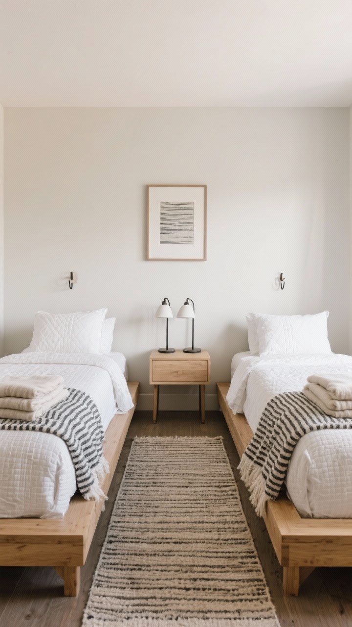 Wide symmetric shot: Cozy twin guest room with two matching narrow twin light-oak platform beds, identical white quilts, and thin charcoal pinstripe throws; a single central nightstand supports a double-armed lamp serving both beds; a long runner rug unites the layout; one shared piece of wall art above the nightstand; individual wall hooks at each bed for guest convenience; extra folded blankets at each foot.