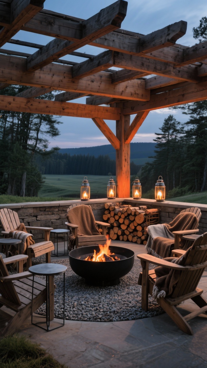Wide twilight shot of a timber-framed fireside nook: a chunky cedar pergola over a circular gravel pad centered on a black steel fire pit; low-slung weathered teak Adirondack chairs with wool camp blankets draped over backs; earthy palette of charcoal, tobacco brown, and ember orange; hammered-metal side tables, a neatly stacked log rack like art, and a trio of hurricane lanterns casting a flickery perimeter glow; photorealistic, straight-on angle.