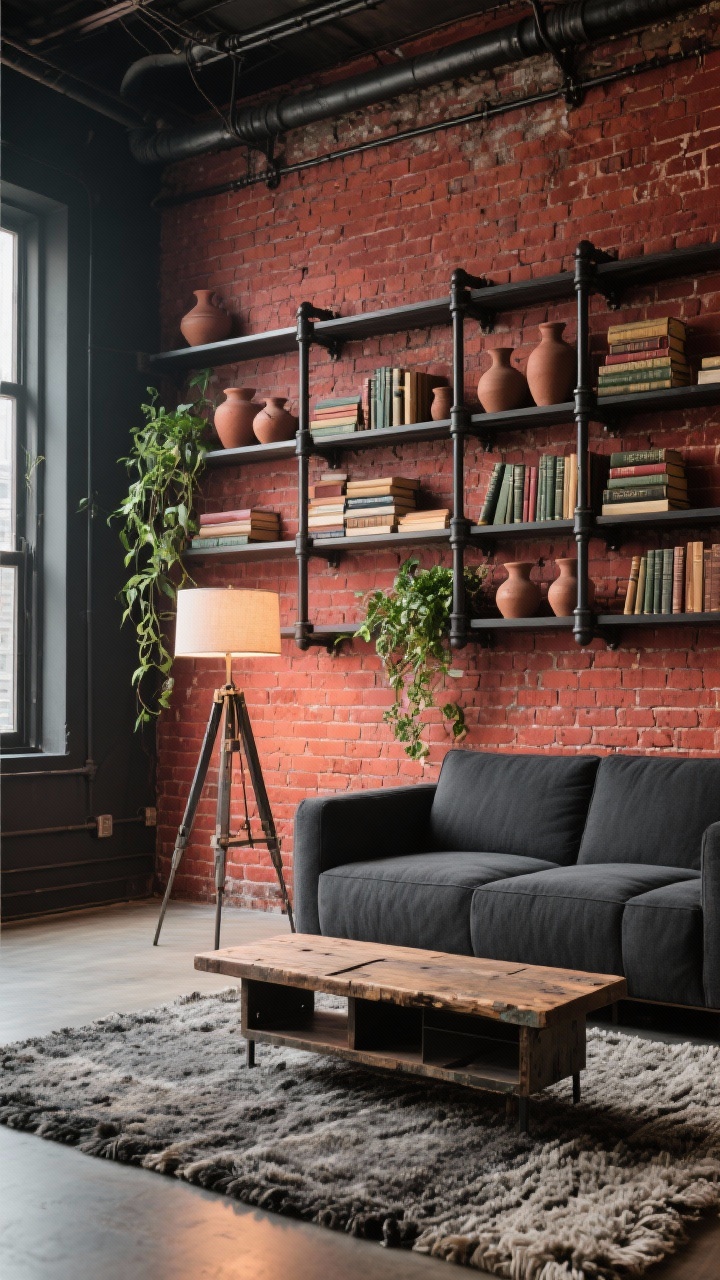 Wide urban-rustic living wall: exposed red brick with black metal pipe shelving holding earthenware, stacks of vintage books, and trailing plants; charcoal sectional, textured wool rug; factory-style tripod lamp, reclaimed bench as low media console; palette brick red, charcoal, black, olive; textures brick, iron, wood, wool; warm ambient lighting; angled perspective showing depth of shelves.
