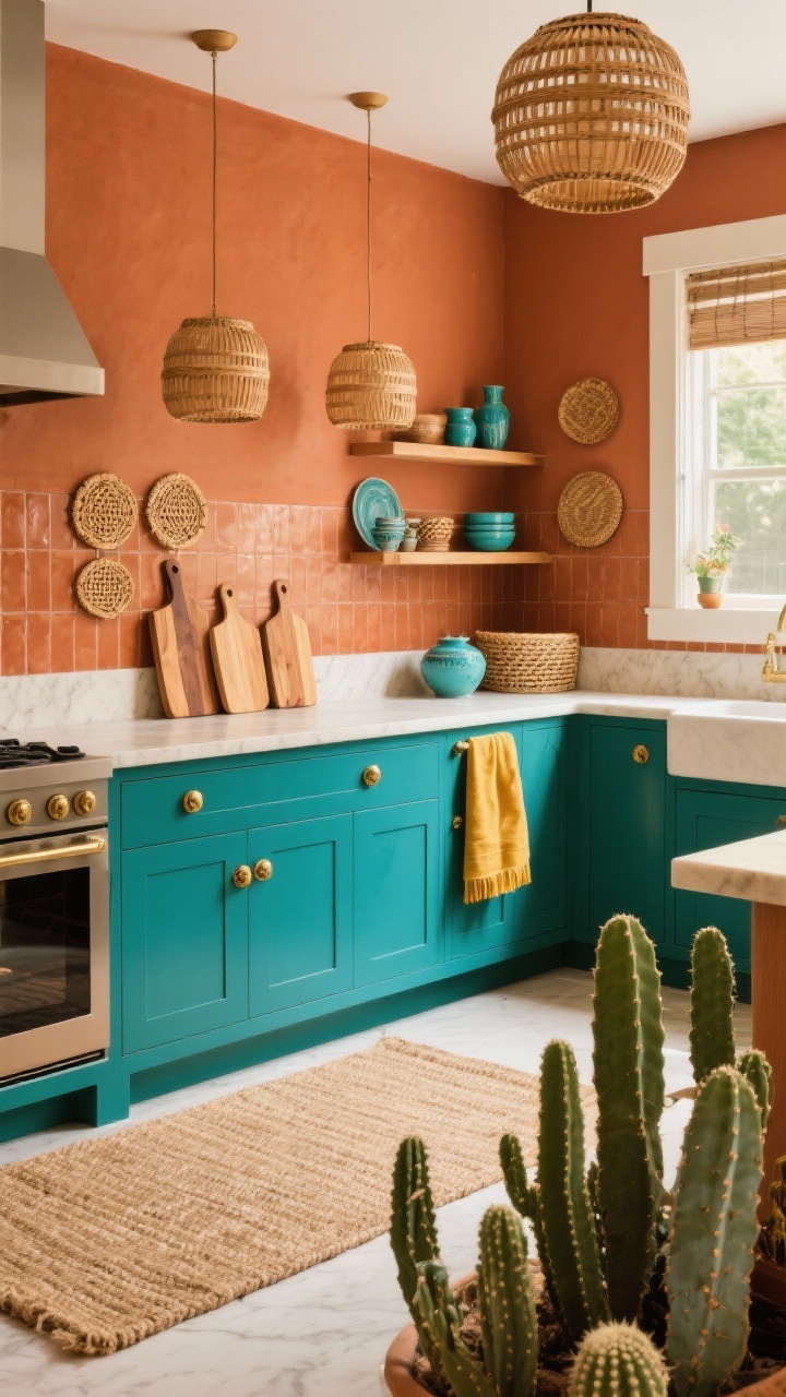 Wide, vibrant terra + teal kitchen: rich teal lower cabinets with antique brass knobs, walls and backsplash painted in warm terra-cotta (no tile), creamy quartz countertops, open shelves styled with teak cutting boards, turquoise ceramics, and woven trivets, paired rattan drum pendants, jute rug underfoot, cluster of cacti and a mustard linen towel adding boho energy, bright warm lighting, photorealistic.