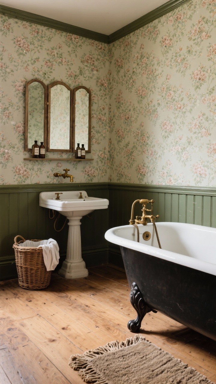 Wide vintage rustic bathroom featuring a black clawfoot tub set against muted floral wallpaper and picture-rail trim painted deep olive; warm oak floors with light matte finish; pedestal sink with aged brass taps; classic triptych mirror above; styled with antique medicine bottles, a wicker laundry basket, and a fringed bath mat; warm, nostalgic lighting; photorealistic.