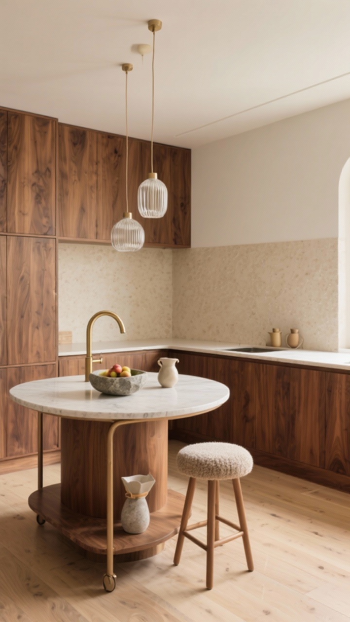Wide warm minimal scene from corner: Walnut veneer cabinets with soft rounded edges, cream micro-cement backsplash, and a beige-toned quartz counter forming smooth, continuous lines. A curved-edge island cart sits centrally; an arched brass tap and flute-glass pendants add a gentle glow. Pale oak flooring lightens the space. On the counter: a stone fruit bowl and a ceramic pour-over set; a single stool with a bouclé seat cushion invites quiet mornings. Soft, diffused daylight, photorealistic.