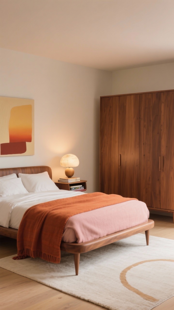 Wide, Warm Modern Retro scene: putty walls, walnut bed with tapered mid-century legs, rounded-edge nightstand, off-white rug with subtle arch motif, sunset gradient throw in terracotta and blush draped across bed, globe lamp on nightstand, low book ledge displaying a few favorite reads, abstract art in soft ochre and rust, walnut wardrobe with flat fronts; warm ambient lighting, cozy yet minimal, photorealistic.