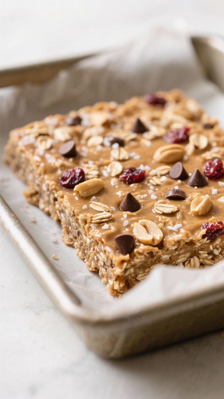 Close-up detail: A compacted slab of no-bake oatmeal bars just pressed into a parchment-lined 8x8 pa