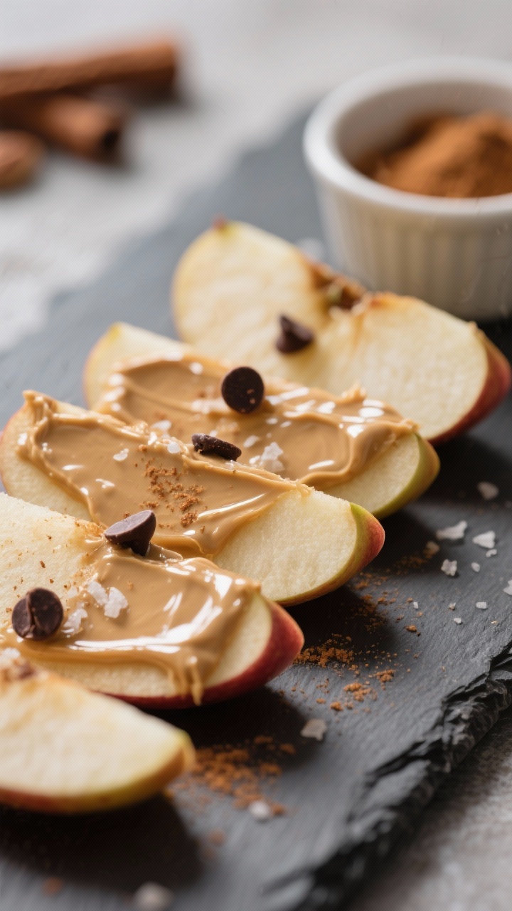 Close-up detail: A fanned row of prepared apple wedges each swiped with a glossy layer of almond but