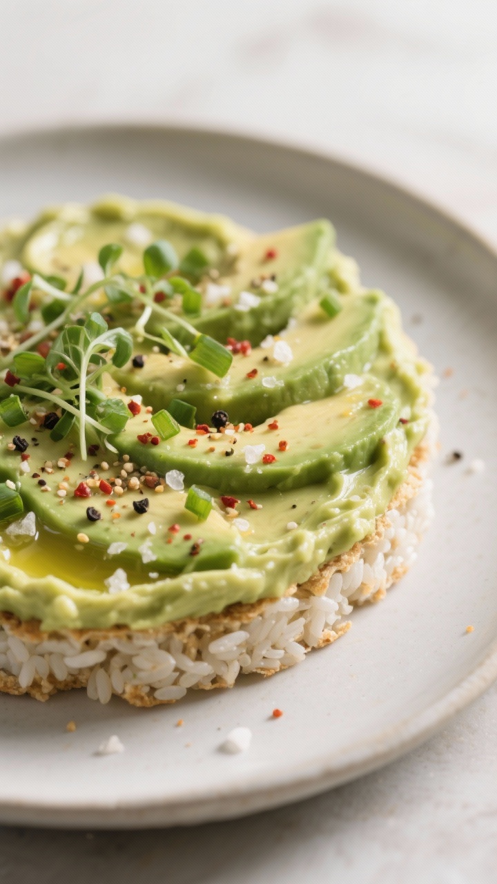 Close-up detail: A freshly assembled avocado rice cake, edge-to-edge spread of creamy, lightly textu
