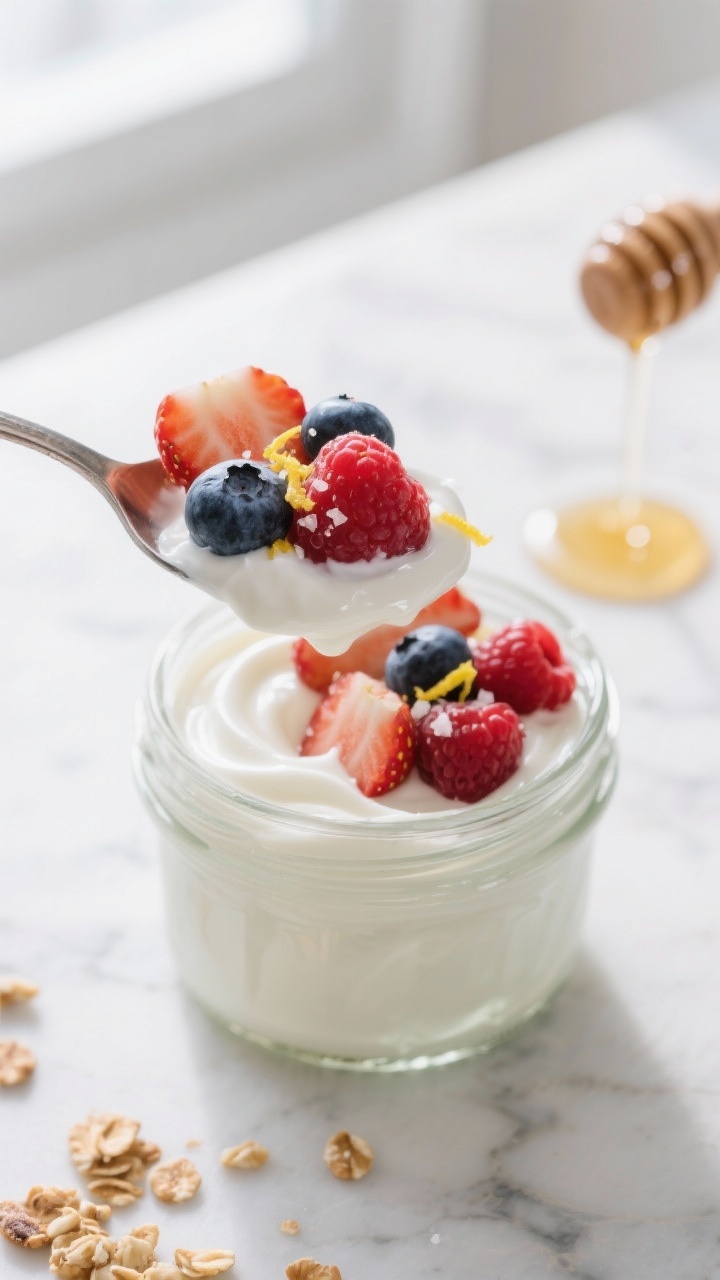 Close-up detail: A spoon layering thick, creamy Greek yogurt into a clear glass jar, followed by a g