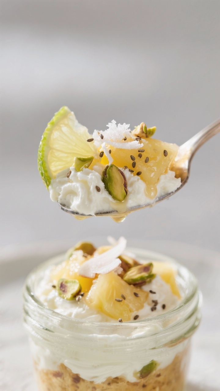 Close-up detail: A spoonful lift of the prepared Cottage Cheese & Pineapple Cup hovering above a sma