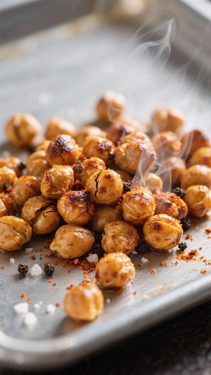Close-up detail: A tight macro shot of freshly roasted chickpeas just out of the oven, deep golden-b