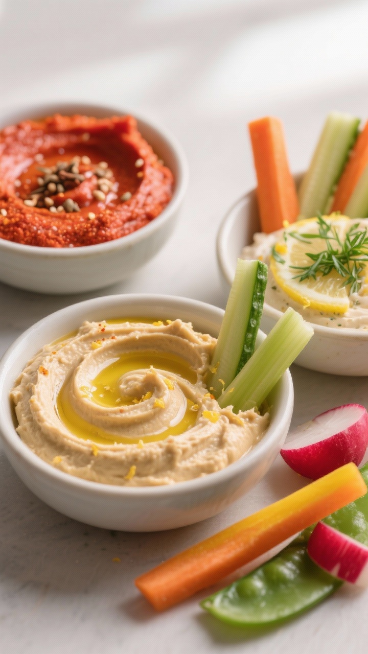 Close-up detail: A trio of prepared hummus flavors swirled in small bowls—classic chickpea hummus 