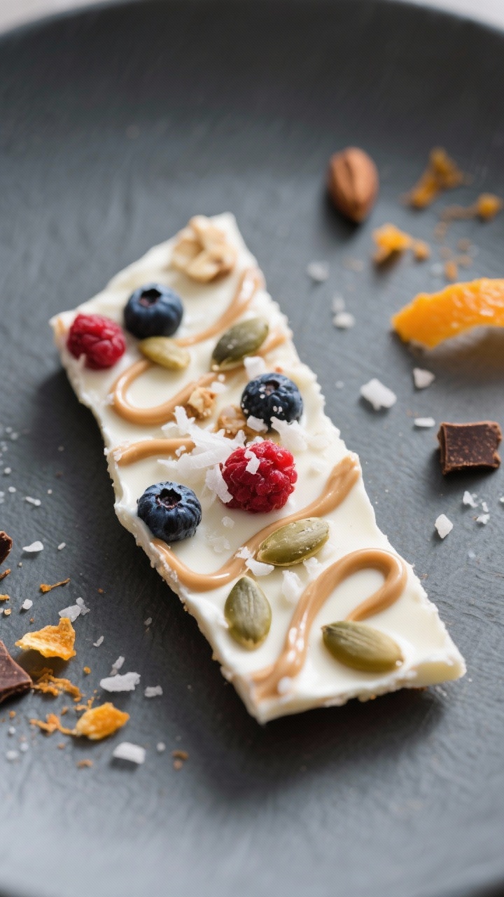 Close-up detail of a single shard of the finished yogurt bark on a matte slate plate: creamy white b
